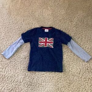 Mini Boden Union jack Uk flag navy blue shirt with long gray sleeves 7/8Y boys